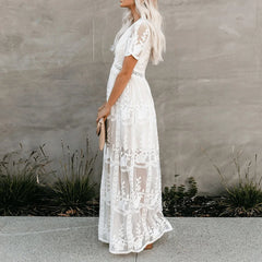 Lace Maxi Dress Vintage White Deep V-neck Summer Dress bohodress-250126