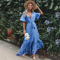 Deep V-neck Floral Boho Summer Dress bohodress-250126