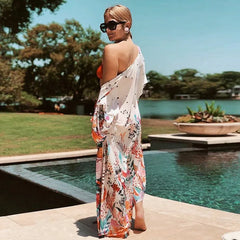 White Floral Print Loose Kimono Beach Cover up florl print / One Size bohocoverup-250126