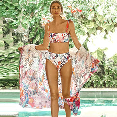 White Floral Print Loose Kimono Beach Cover up florl print / One Size bohocoverup-250126