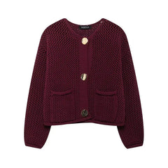 Vintage Stylish Cozy Cropped Wine Red Knitted Button Pocket Christmas Sweater Wine Red / S