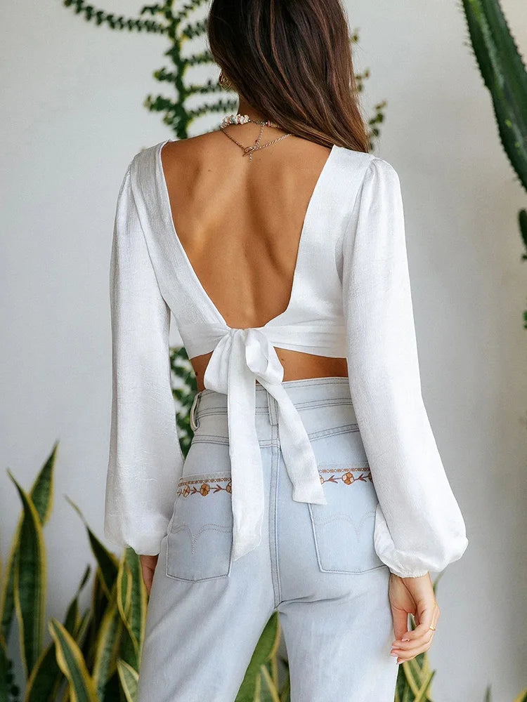 Deep V Cut Out Back Tie Backless Puff Sleeve White Blouse croptop-250126