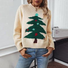 Knitted Autumn Winter Christmas Tree Pattern Long Sleeve Oversized Sweater Sweaters-L