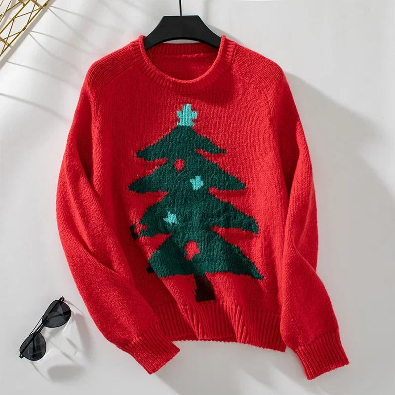 Knitted Autumn Winter Christmas Tree Pattern Long Sleeve Oversized Sweater Red / S Sweaters-L