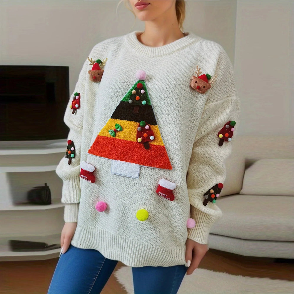 Christmas Tree Jacquard Three Decorated Round Neck Long Sleeve Fleece Sweater White / S Sweaters-L