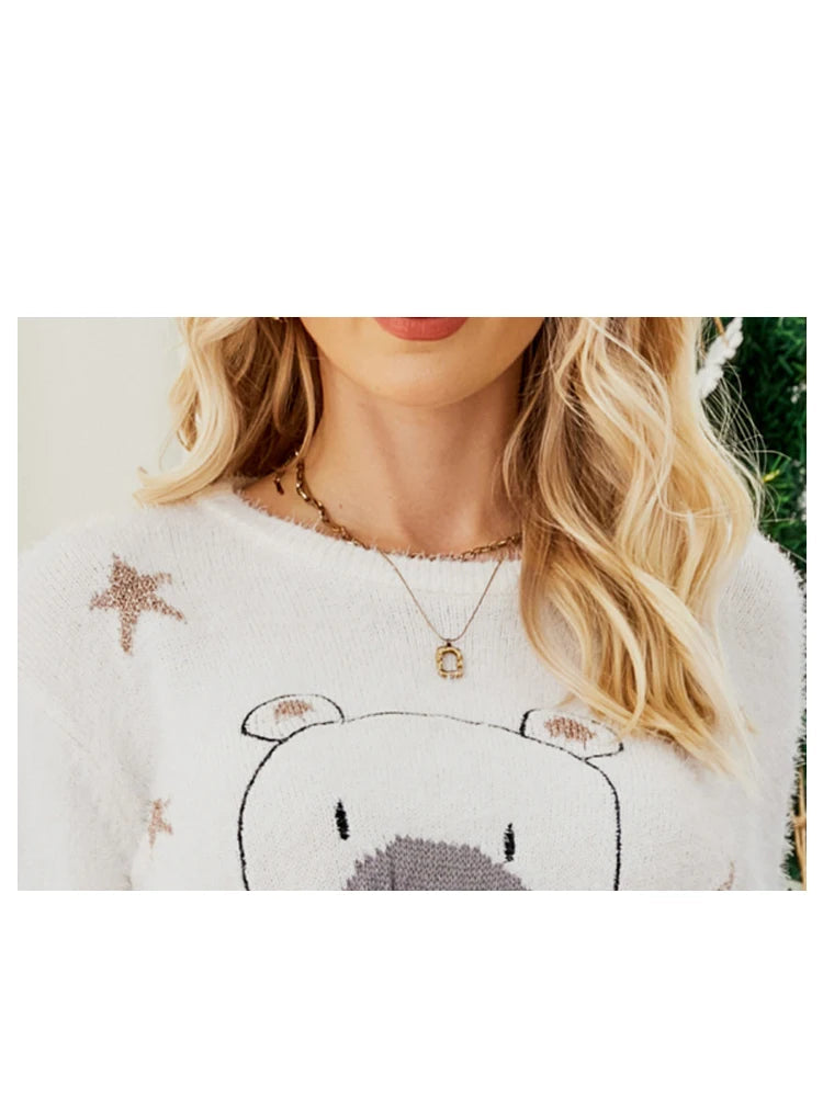 Christmas Cartoon Bear Embroidery Holiday Sweater Sweaters-L