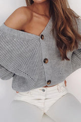 V Neck Lantern Sleeve Cardigan