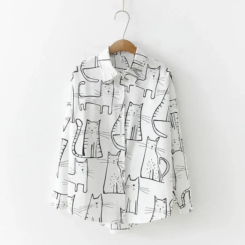Cat Print Long Sleeve Vintage Casual Blouse WHITE / S blouse-250126