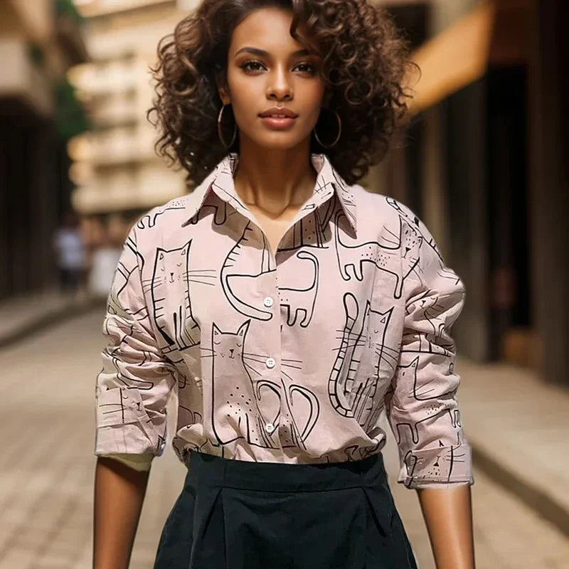 Cat Print Long Sleeve Vintage Casual Blouse blouse-250126