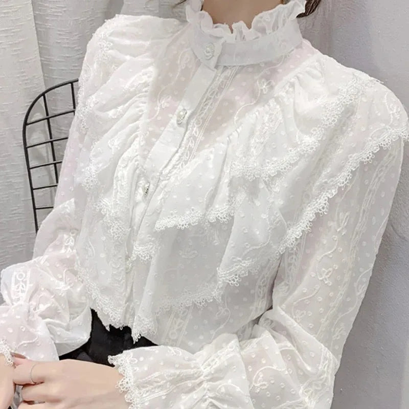 Vintage Ruffled Lace White Shirt Long Sleeve Casual Blouse blouse-250126