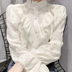 Vintage Ruffled Lace White Shirt Long Sleeve Casual Blouse blouse-250126