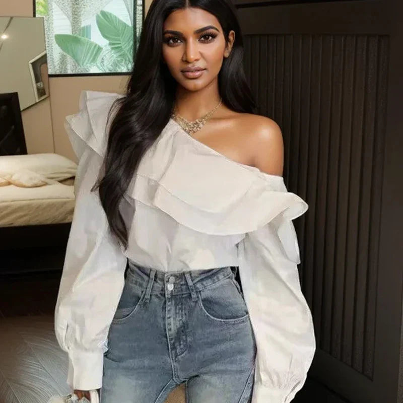 Ruffled Off Shoulder Slim Fit Casual Long Sleeve Blouse blouse-250126