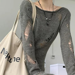 Grunge Hollow Out Knitted Sweater Slim Thin Pullover Knit Top knittop-250126