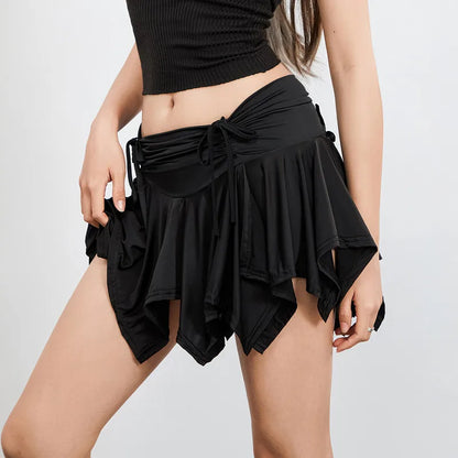 Women Tie-Up Ruffles Ruched Gothic Irregular Summer Color Solid Drawstring Mini Skirt