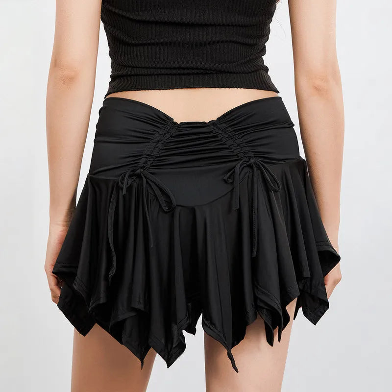 Women Tie-Up Ruffles Ruched Gothic Irregular Summer Color Solid Drawstring Mini Skirt