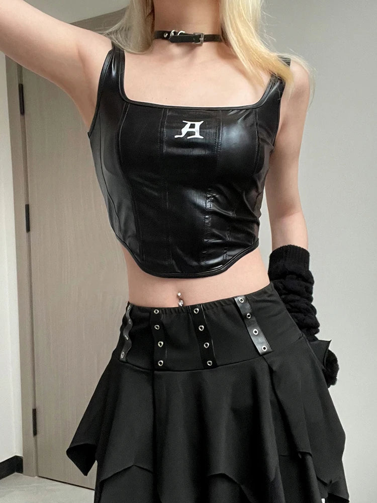 Gothic Black Streetwear Crop Casual Tank PU Top Top