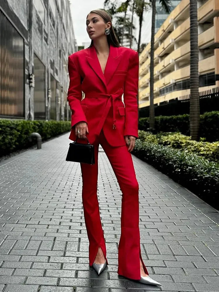 Red Flip Collar Lace-Up Coat Coats-241208