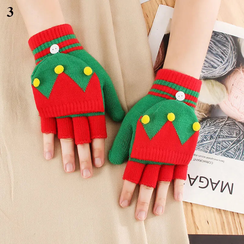 Christmas Elk Printed Knitted Flip Half Finger Winter Glove Red 3 Gloves-L