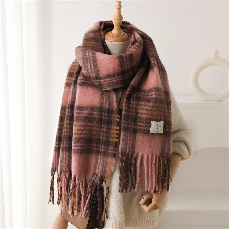 Color Blocked Grid Cashmere Pashmina Wrap Scarf Grey Pink Scarfs-L