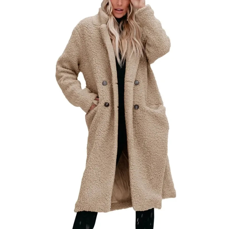 Elegant Fashion Warm Thick Fleece Long Single Breasted Pocket Winter Coats