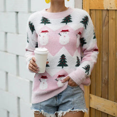 Christmas Snowman Cartoon Knit Long Sleeve Female Tree Sweater Pink / S Sweaters-L