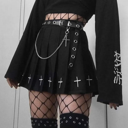 High Waist Gothic Punk Cross Pattern Mini Pleated Skirt