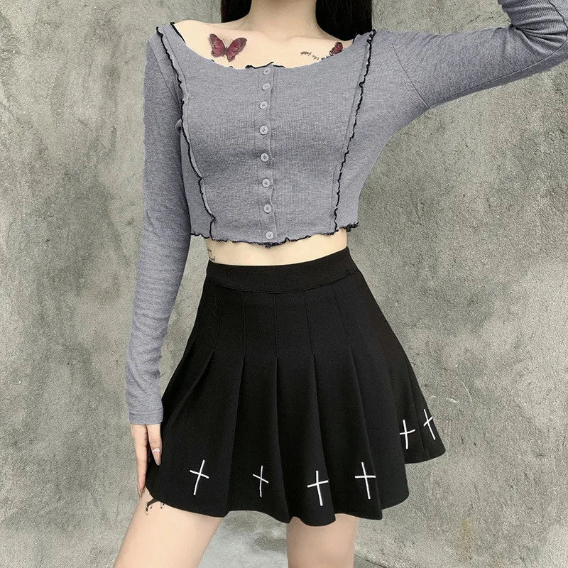 Women's Mini Waist Style Pleated Dark Cross Ladies High Mini Pattern Gothic Skirt