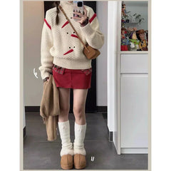 Cute Snowman Turtleneck Sweet Preppy Style Loose Knit Christmas Sweater Beige / S Sweaters-L