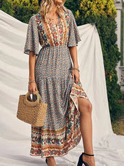 Retro Floral Print V-neck Boho Sundress Yellow / S bohodress-250126