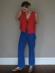 Elegant Loose Stylish Casual Cozy Comfortable V-Neck White Knitted Lace-up Vest Sweater