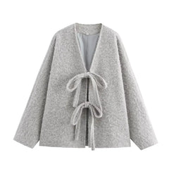 Lace-Up Bow Brown Cardigan Gray / S Cardigan-241208