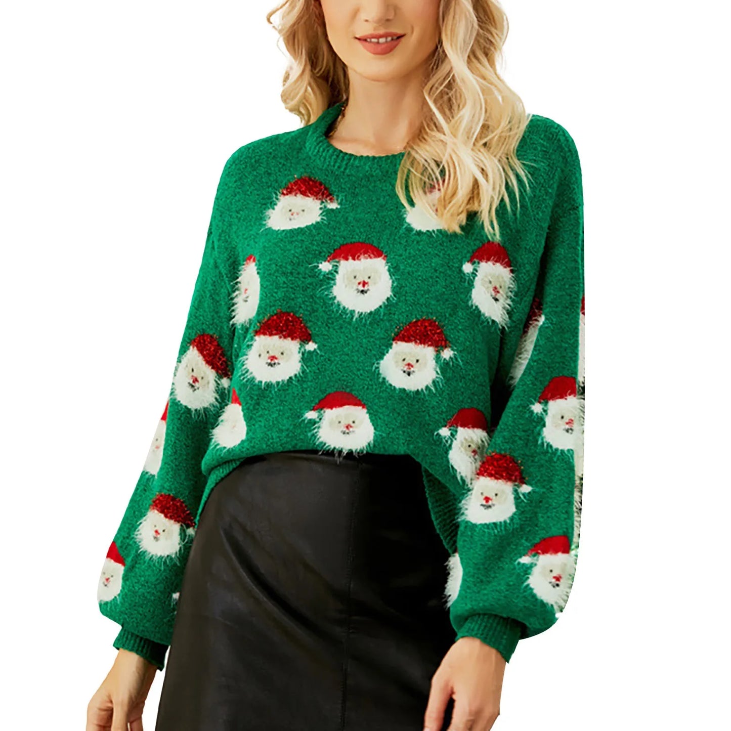 Cute Cozy Warm Festive Comfortable Casual Fleece Knitted Santa Head Crewneck Pullover Sweater