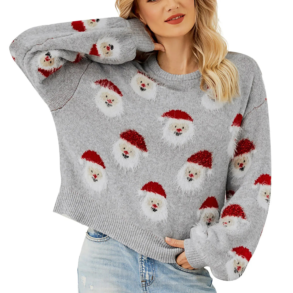 Cute Santa Head Pattern Winter Fleece Crewneck Christmas Sweater Grey / S Sweaters-L
