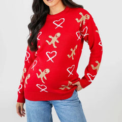 Christmas Gingerbread Print Long Sleeve Round Neck Casual Loose Sweater Sweaters-L