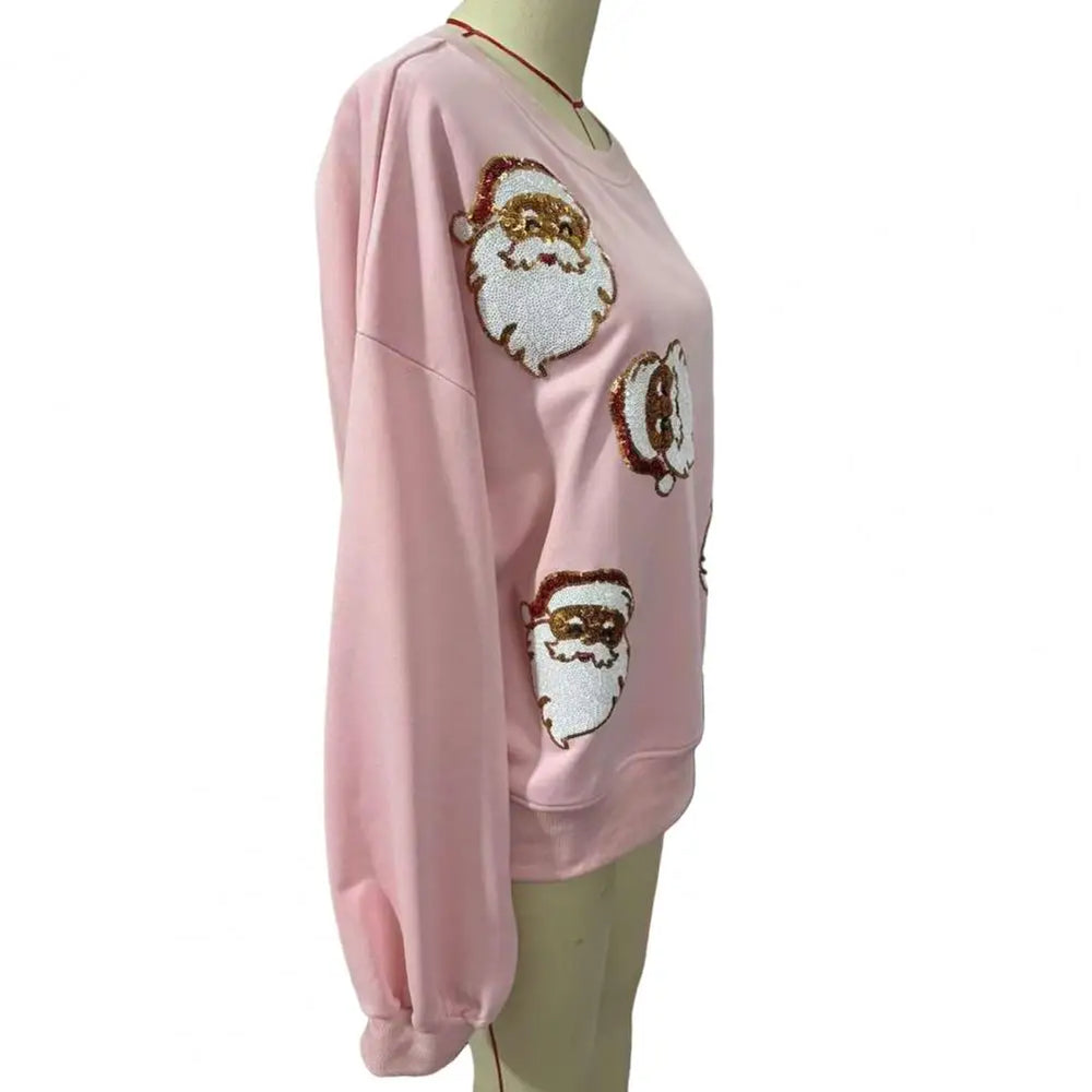 Round Neck Sequin Santa Pattern Loose Lantern Sleeves Christmas Hoodie Hoodies-L