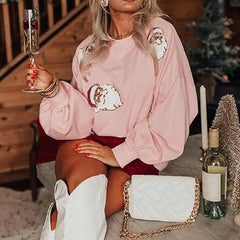 Round Neck Sequin Santa Pattern Loose Lantern Sleeves Christmas Hoodie Hoodies-L