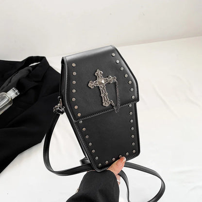 Women Halloween Adjustable Zipper Strap PU Gothic Coffin Leather Bag