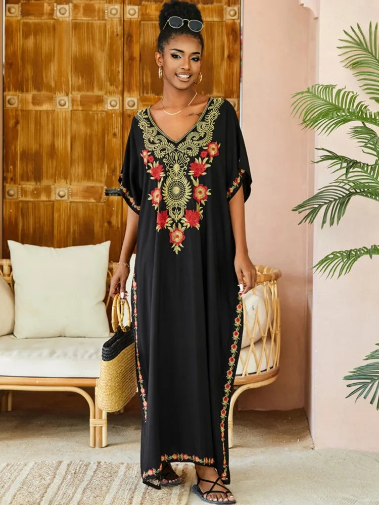 Embroidered Kaftan Beach Vacation Floral Dress oldfloraldress-250126
