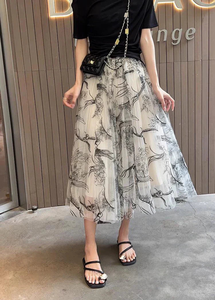 Flocking Flower Bird Tulle Gauze Elastic Waist Midi Skirt white / Free size skirt-250126