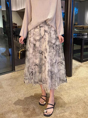 Flocking Flower Bird Tulle Gauze Elastic Waist Midi Skirt white / Free size skirt-250126