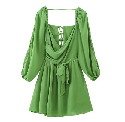 V Neck Hollow Out Lantern Sleeve Mini Dress - Solid Color - Christmas Party Dress