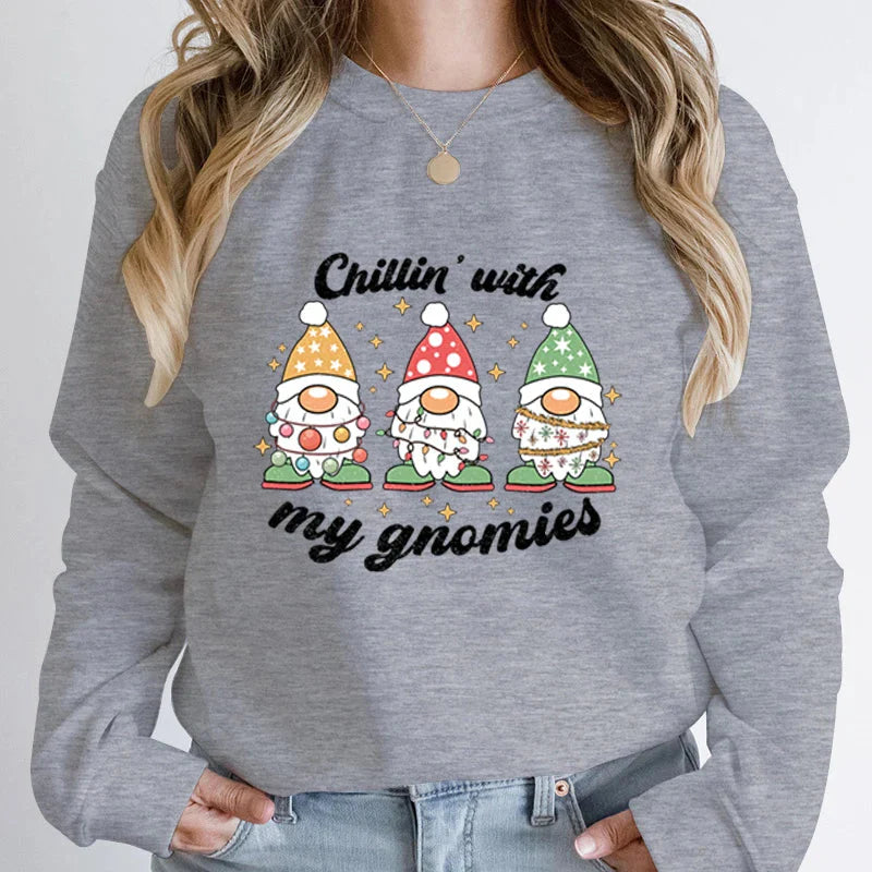 Hoodless Light Chillin’ Gnomies Round Neck Pullover Christmas Hoodie Gray / S Hoodies-L