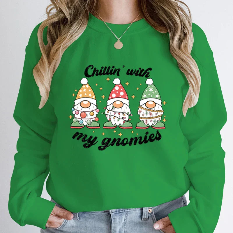 Hoodless Light Chillin’ Gnomies Round Neck Pullover Christmas Hoodie Green / S Hoodies-L