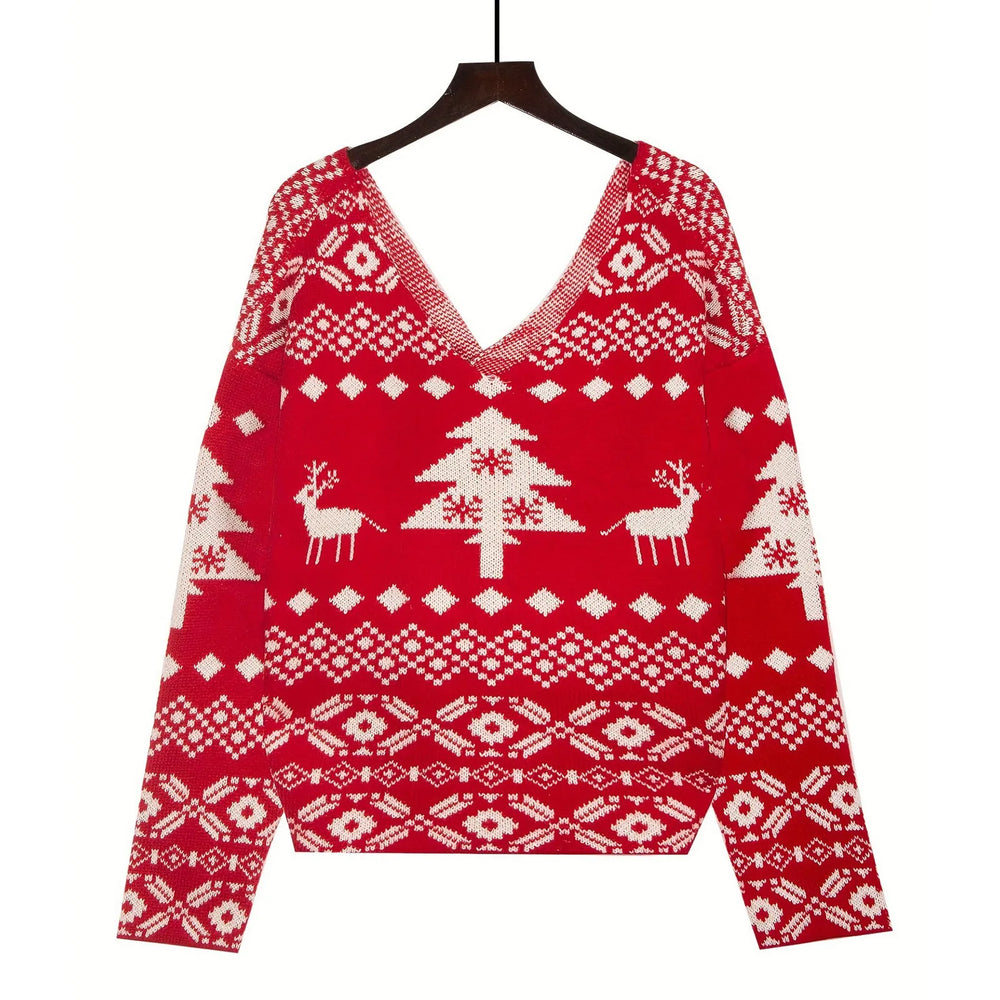Sexy Oversized Low Back Deep V-Neck Hot Red Pullover Christmas Sweater Sweaters-L