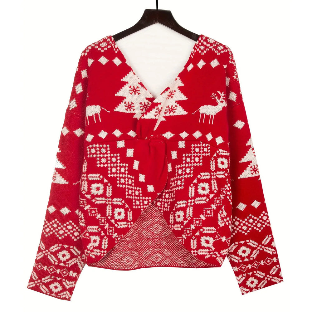 Sexy Oversized Low Back Deep V-Neck Hot Red Pullover Christmas Sweater Sweaters-L