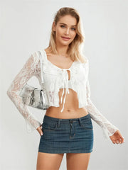 Lace Flare Sleeve Tie Up See Through Blouse WHITE / S blouse-250223