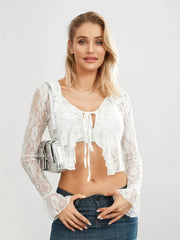 Lace Flare Sleeve Tie Up See Through Blouse blouse-250223