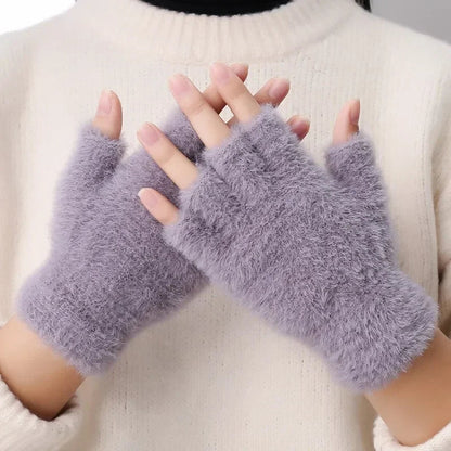 Half Finger Imitation Mink Cashmere Woolen Driving Glove for Winter Outdoor Christmas