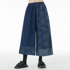 Women Patchwork Casual Denim High Elastic Waist Personality Fashion Loose Wide Leg Korea 2024
