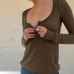 Ribbed Knit Slim Fit Button Front Long Sleeve Sweater Women knittop-250126